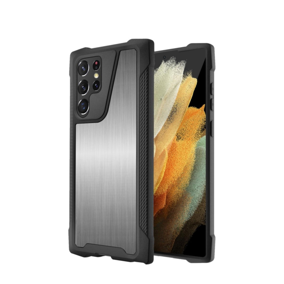 Image of Samsung Galaxy S22 Ultra 5G Hybrid Gummi Outdoor Hülle mit Metall Rückseite Air Cushion Fallschutz - Silber / Schwarz bei Apfelkiste.ch
