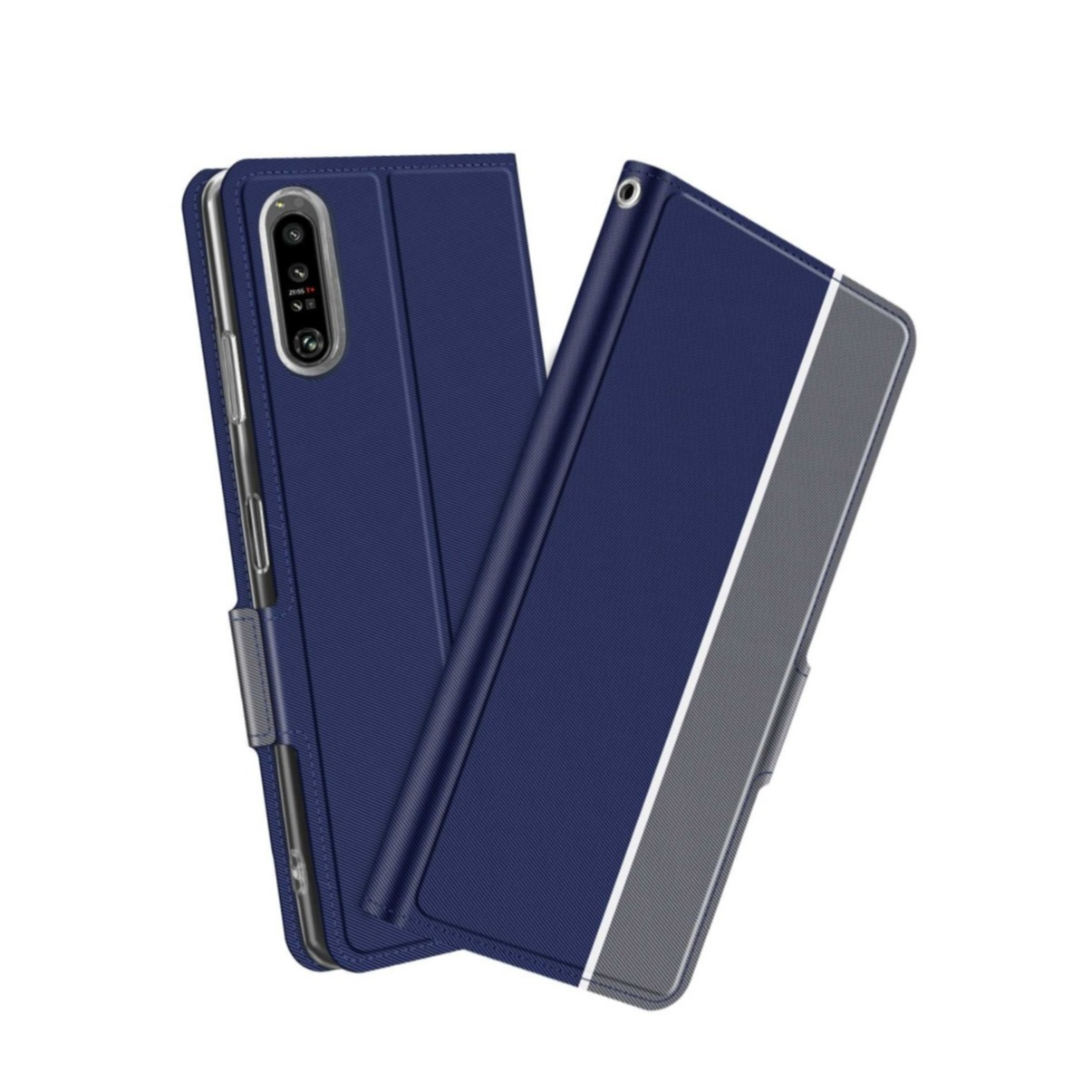 Image of Sony Xperia 1 IV Flip Cover Wallet Leder Tasche mit Kartenfächern Dual Color - Dunkelblau / Grau bei Apfelkiste.ch