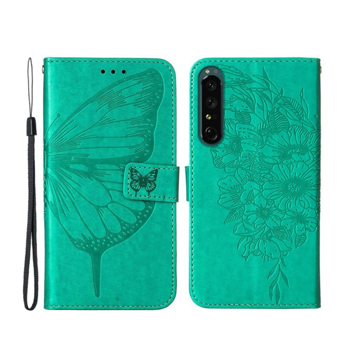 Image of Sony Xperia 1 IV Leder Tasche Flip Cover Schmetterling / Blumen Imprint - Türkis bei Apfelkiste.ch