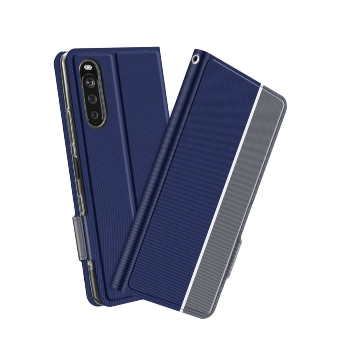 Image of Sony Xperia 10 III Flip Cover Wallet Leder Tasche mit Kartenfächern Dual Color - Dunkelblau / Grau bei Apfelkiste.ch