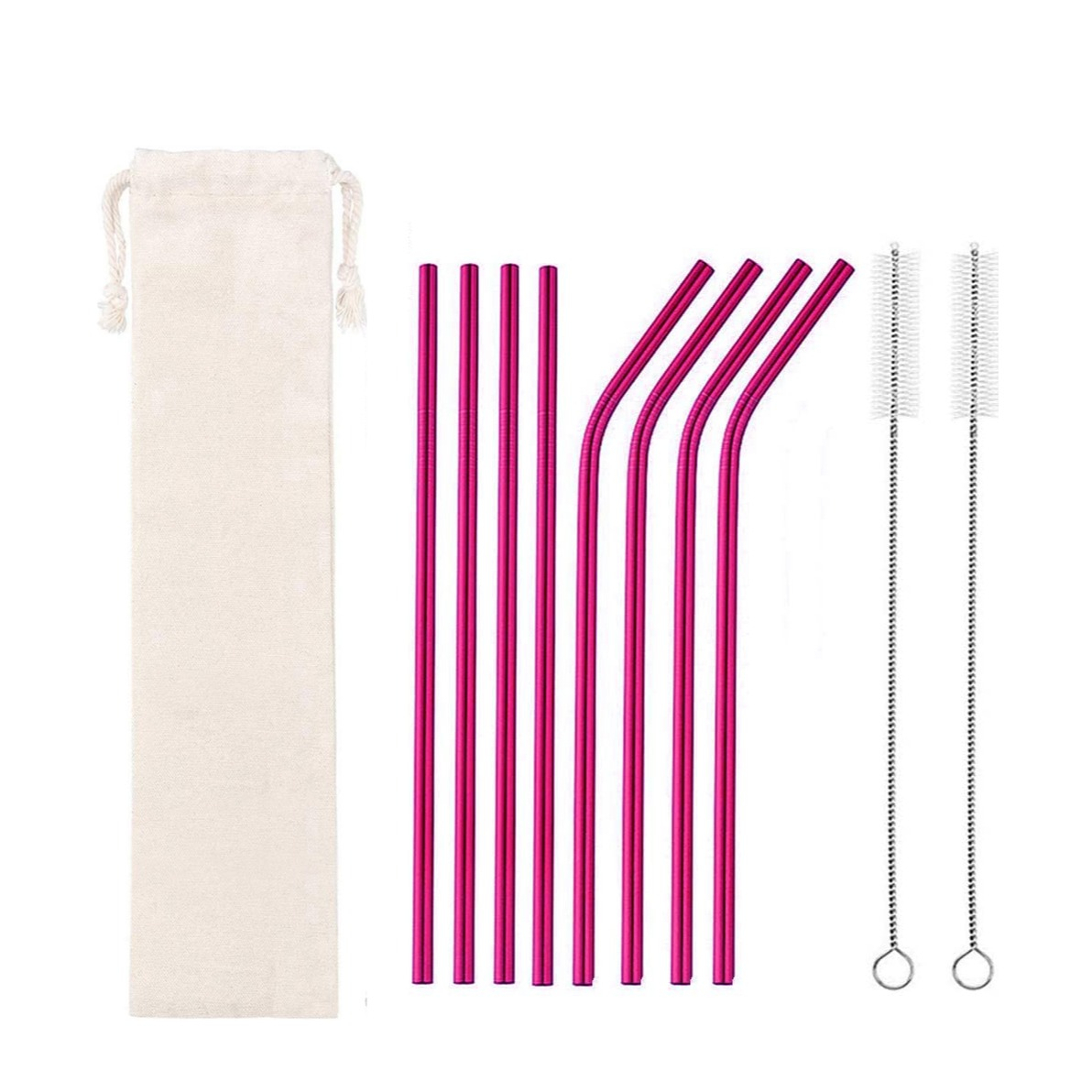 Image of (10-tlg. Set) 21.5cm Edelstahl Strohhalm Wiederverwendbarer Trinkhalm inkl. Reinigungsbürsten + Tasche - Pink bei Apfelkiste.ch