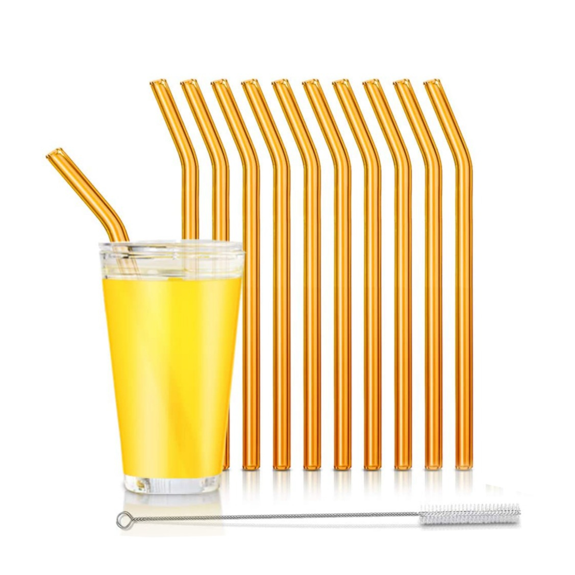 Image of (11-tlg. Set) 20cm Glas Strohhalme Gebogen Wiederverwendbare Trinkhalme inkl. Reinigungsbürsten - Gelb bei Apfelkiste.ch