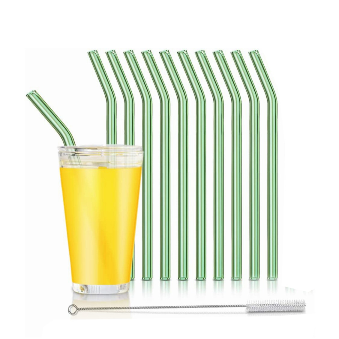 Image of (11-tlg. Set) 20cm Glas Strohhalme Gebogen Wiederverwendbare Trinkhalme inkl. Reinigungsbürsten - Grün bei Apfelkiste.ch