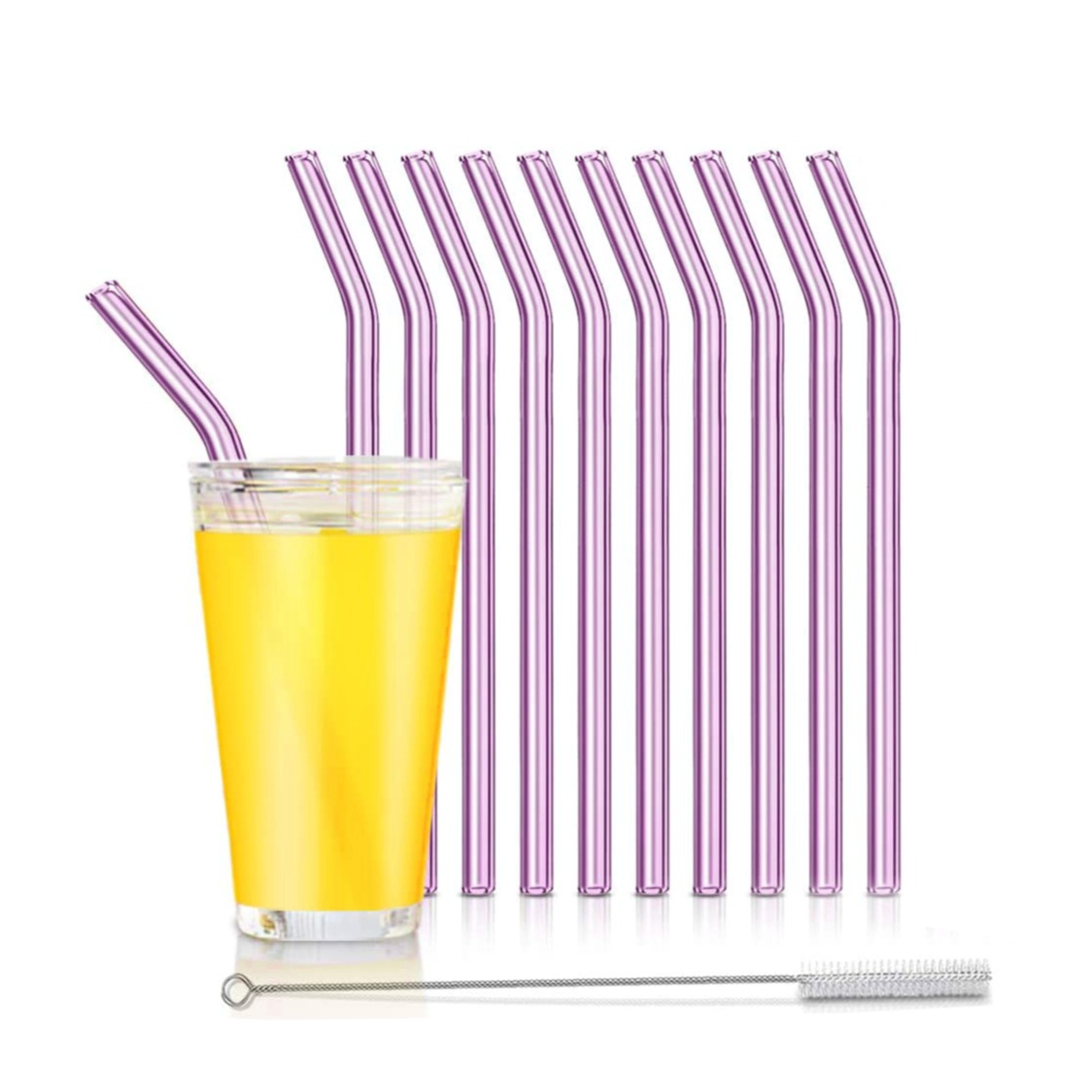 Image of (11-tlg. Set) 20cm Glas Strohhalme Gebogen Wiederverwendbare Trinkhalme inkl. Reinigungsbürsten - Lila bei Apfelkiste.ch
