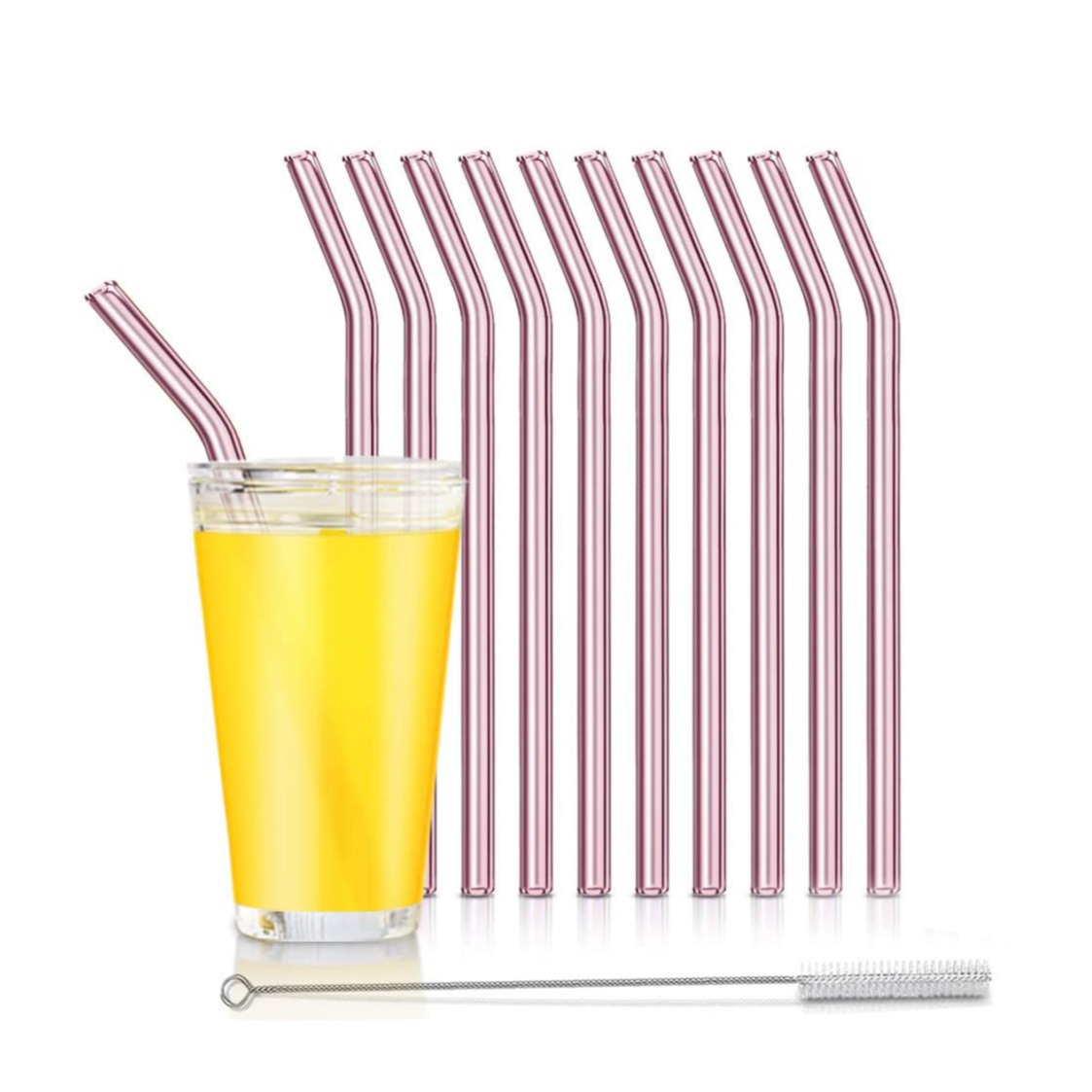 Image of (11-tlg. Set) 20cm Glas Strohhalme Gebogen Wiederverwendbare Trinkhalme inkl. Reinigungsbürsten - Rosa bei Apfelkiste.ch