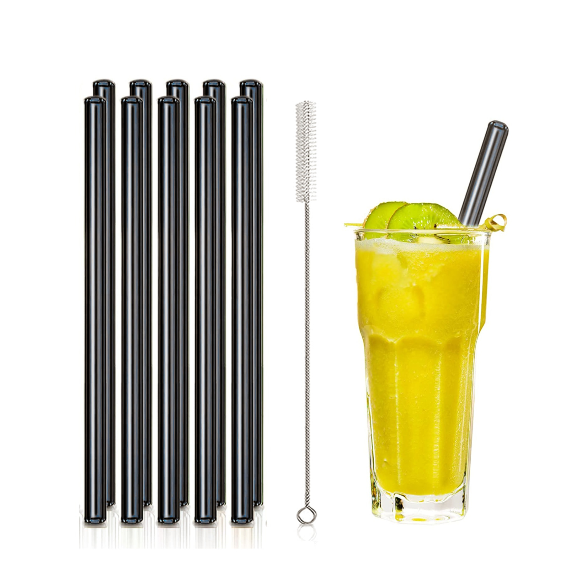Image of (11-tlg. Set) 20cm Glas Strohhalme Wiederverwendbare Trinkhalme inkl. Reinigungsbürsten - Schwarz bei Apfelkiste.ch