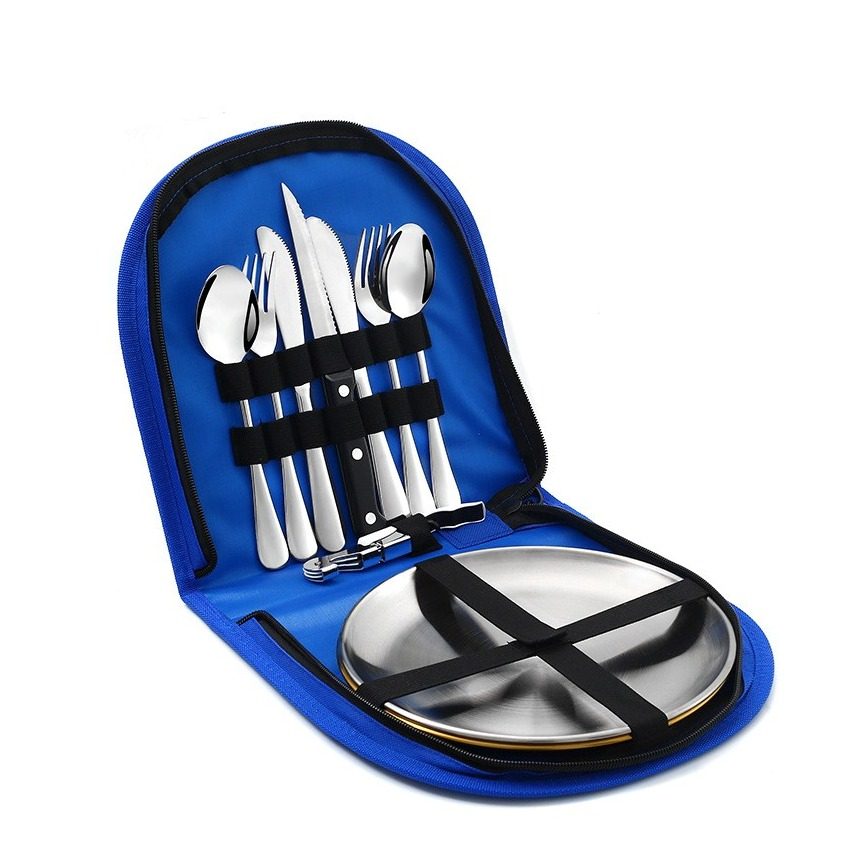 Image of (11-tlg. Set) Edelstahl Picknick Geschirr Outdoor Set + Tragetasche - Blau / Silber bei Apfelkiste.ch