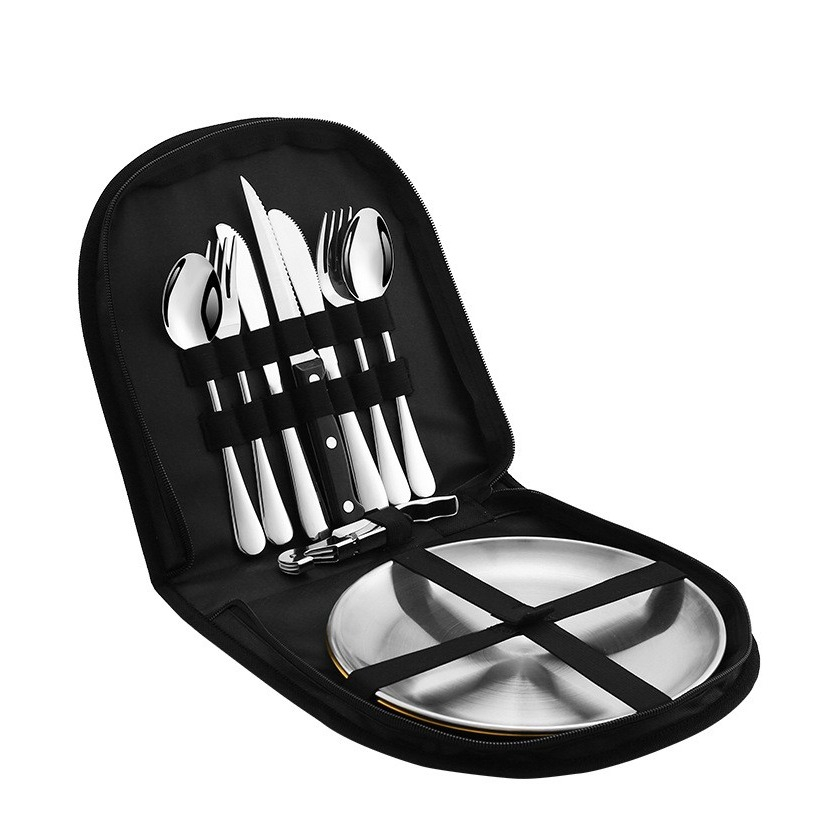 Image of (11-tlg. Set) Edelstahl Picknick Geschirr Outdoor Set + Tragetasche - Schwarz / Silber bei Apfelkiste.ch