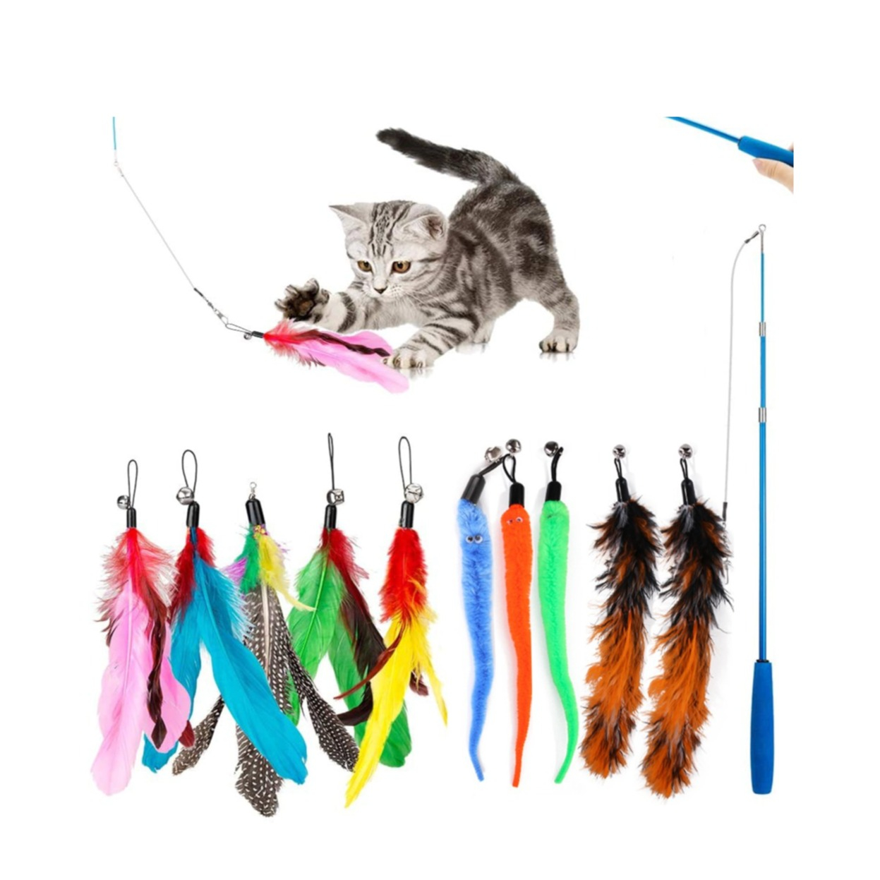 Image of (11-tlg. Set) Interaktives Katzen Spielzeug Angel Kit mit Federn / Glocken - Bunt bei Apfelkiste.ch