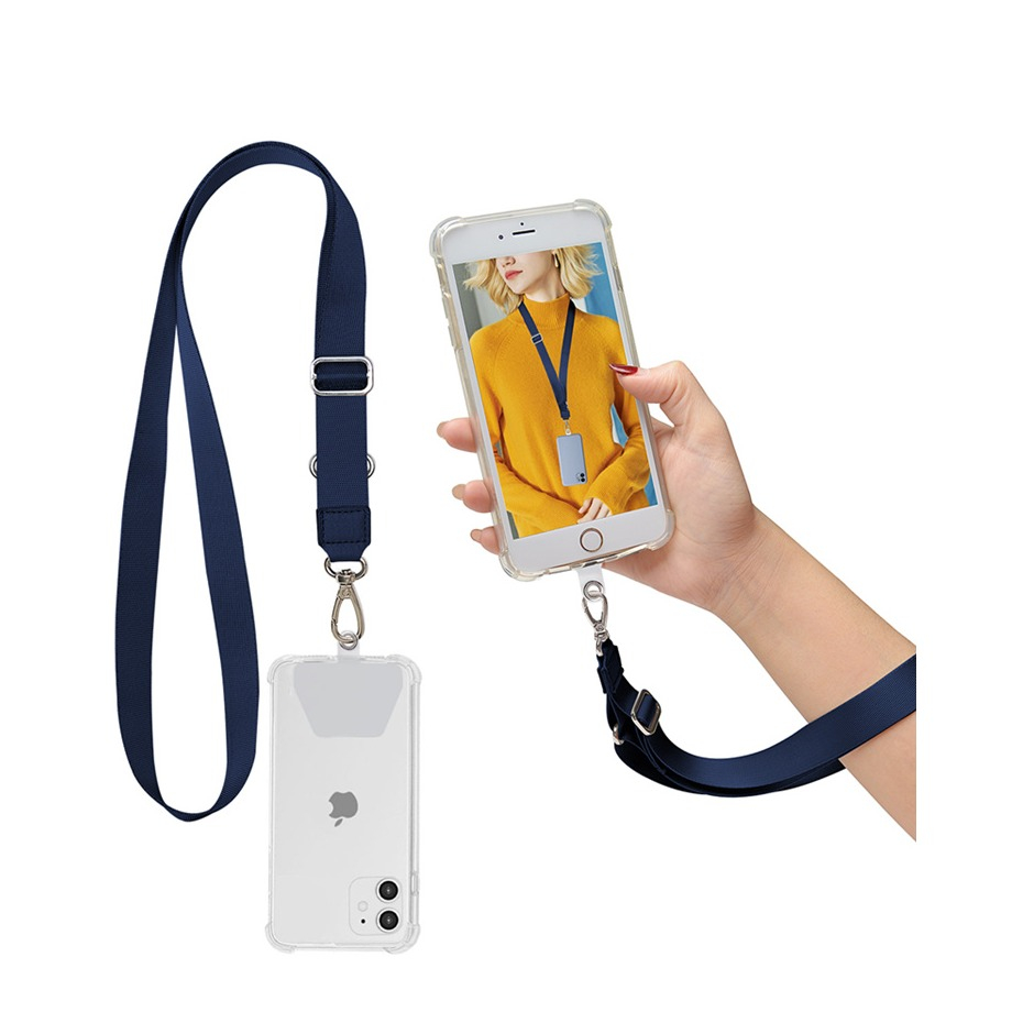 Image of Apfelkiste © - (110cm) Universal Necklace Handykette Verstellbares Umhängeband für Hülle + 2x Selbstklebende Einlagen - Dunkelblau / Transparent bei Apfelkiste.ch