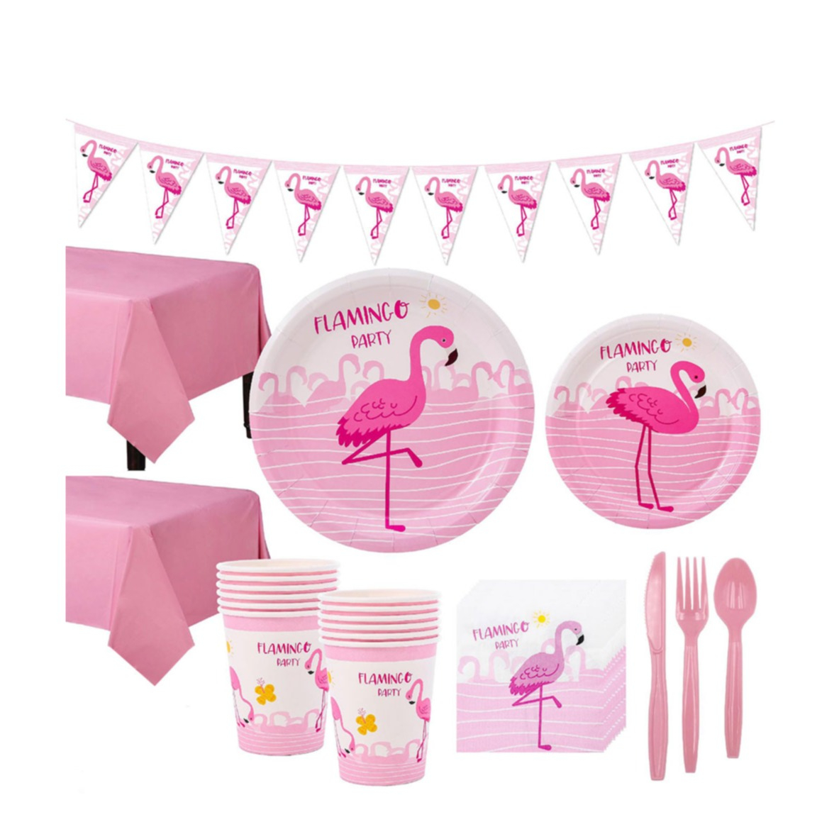 Image of (115-tlg. Set) Einweg Geschirr Geburtstags Party Tisch Deko + Girlande - Flamingo bei Apfelkiste.ch