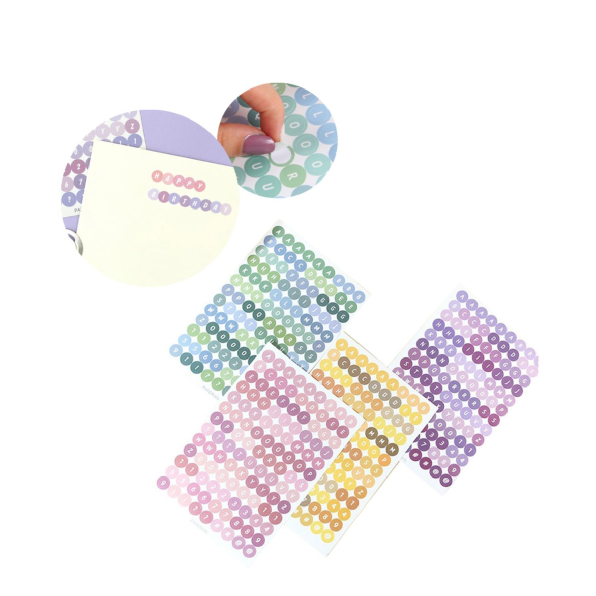 Image of (117-tlg. Set) Ø8mm Runde Buchstaben Sticker Selbstklebende Alphabet Etiketten Aufkleber - Lila / Rosa / Gelb / Mint bei Apfelkiste.ch