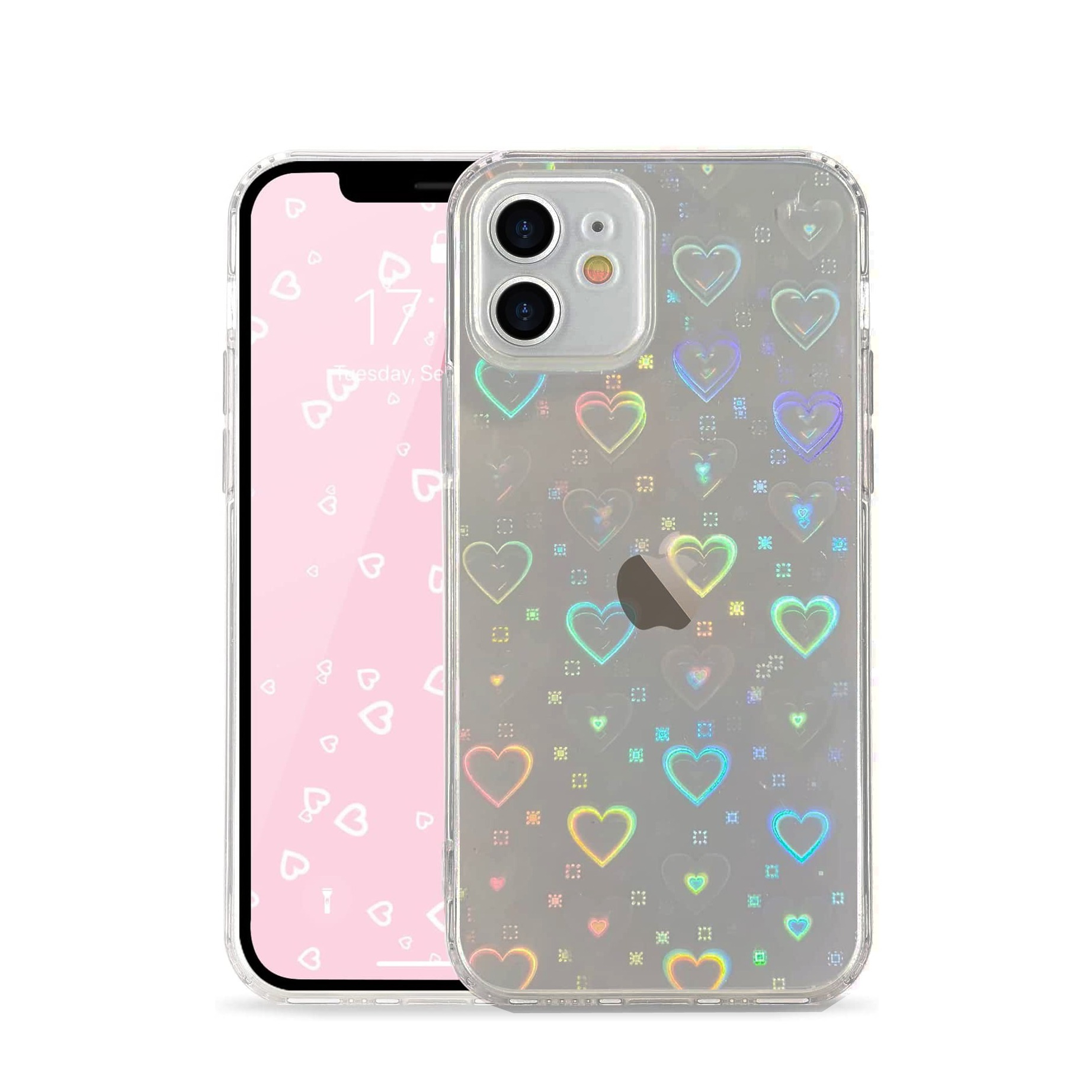 Image of iPhone 11 Hybrid Hülle TPU Bumper + Laser Hologramm Glitzer Herze - Schwarz / Transparent bei Apfelkiste.ch