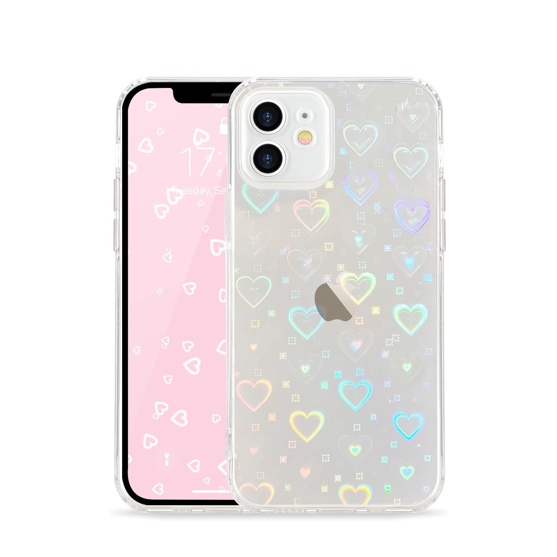 Image of iPhone 11 Hybrid Hülle TPU Bumper + Laser Hologramm Glitzer Herze - Transparent bei Apfelkiste.ch