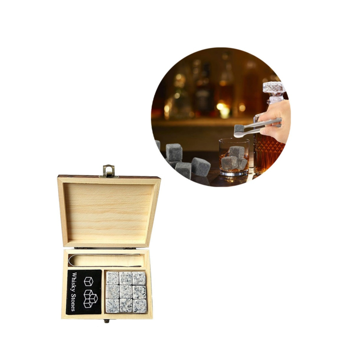 Image of (12-tlg. Set) Edle Whisky Eiswürfel Steine mit Zange / Aufbewahrungstasche / Holzbox - Grau bei Apfelkiste.ch