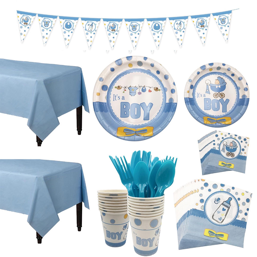 Image of (127-tlg. Set) Einweg Geschirr Baby Shower / Geburt Party Tisch Deko + Girlande - It's a Boy bei Apfelkiste.ch