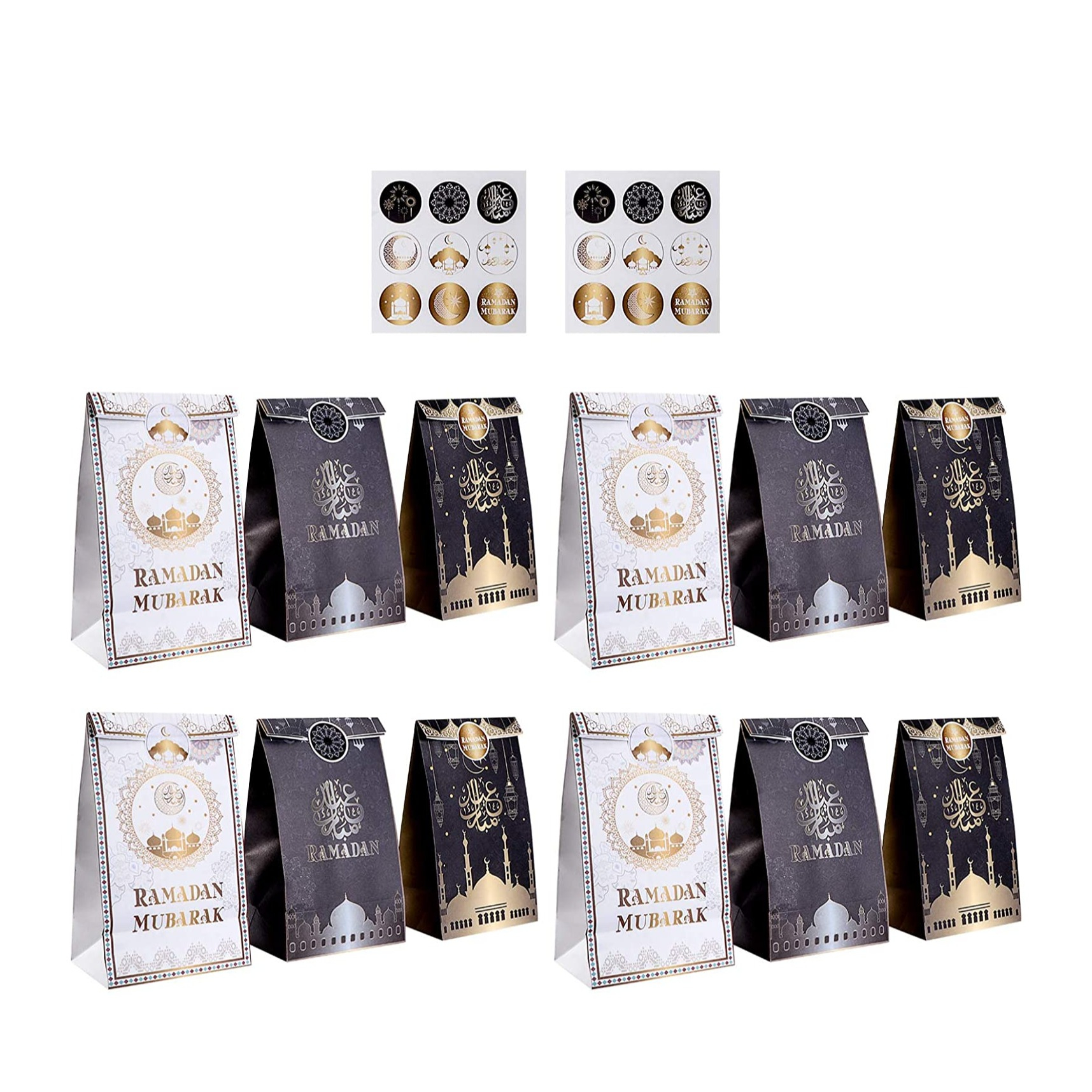 Image of (12er Set) Bunte Geschenk Tüten Candy Gift Papiertüten + Sticker - Ramadan Mubarak bei Apfelkiste.ch