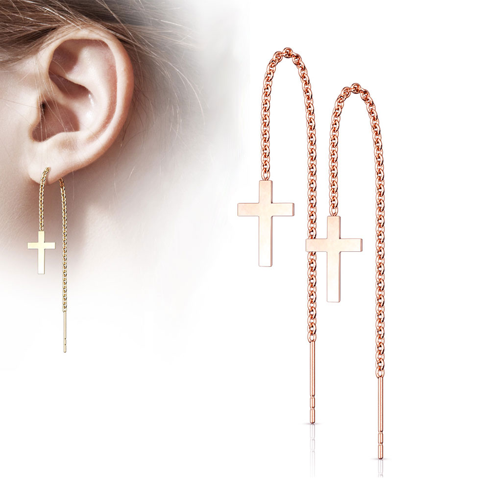 Image of (1 Paar) 316L Edelstahl Ohrringe Durchzieh Ohrhänger Kreuz - Roségold bei Apfelkiste.ch