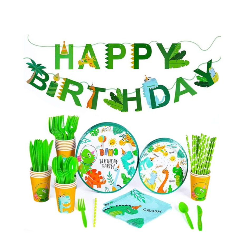 Image of (131-tlg. Set) Einweg Geschirr Geburtstags Party Tisch Deko + Girlande - Dinosaurier bei Apfelkiste.ch