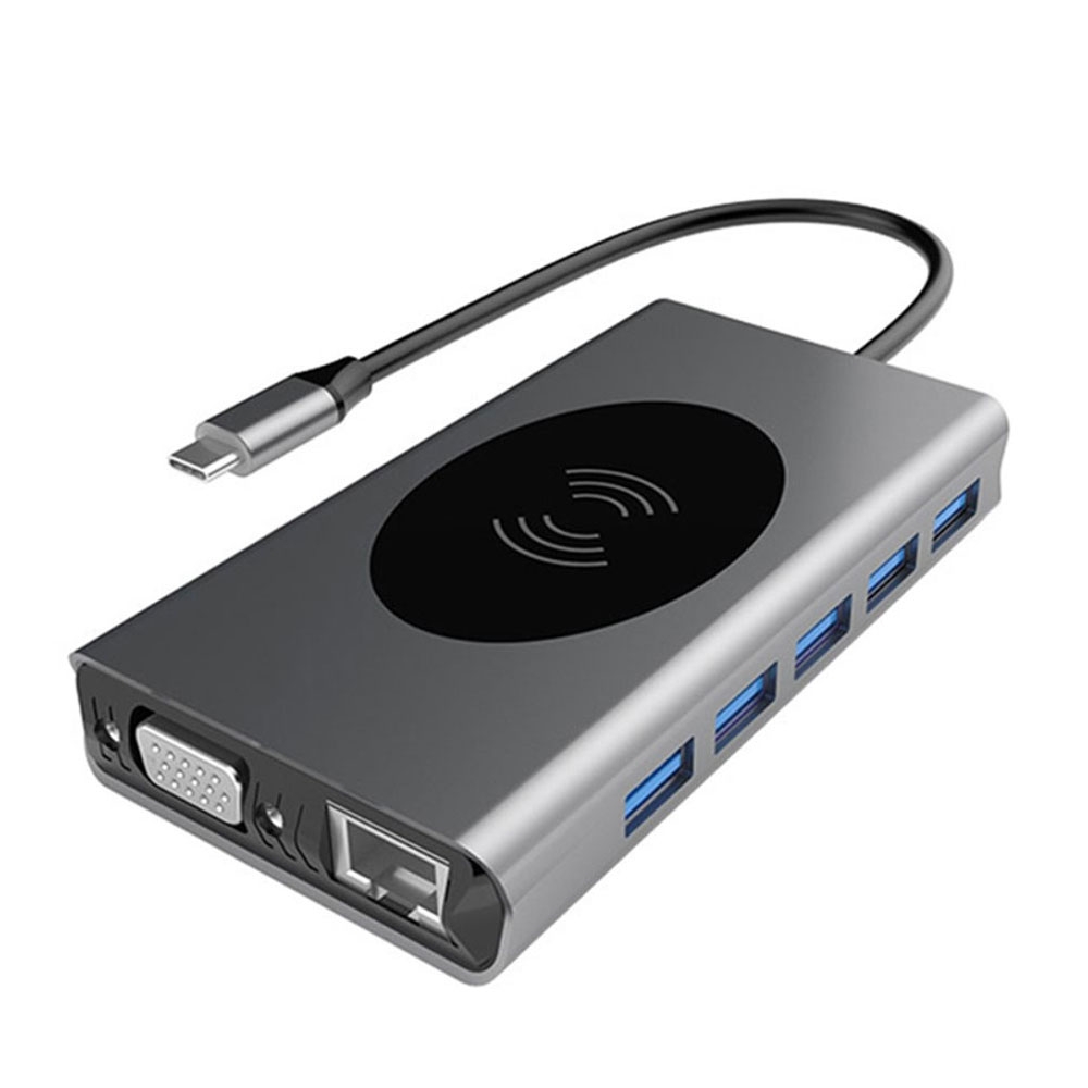 Image of 14in1 USB C Multiport Adapter mit Qi-Charger / 2x 4K HDMI / VGA / USB C / 5x USB 3.0 / LAN / 3.5mm Audio / SD & Micro SD Kartenlesegerät - Grau bei Apfelkiste.ch