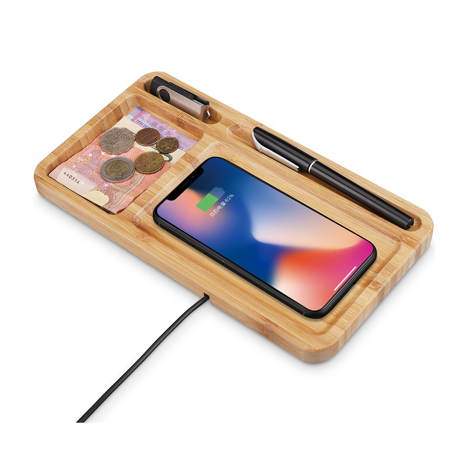 Image of (15W) 2in1 Qi Wireless Charger Induktionsladegerät Bambus Ladestation + Tisch Organizer - Braun bei Apfelkiste.ch