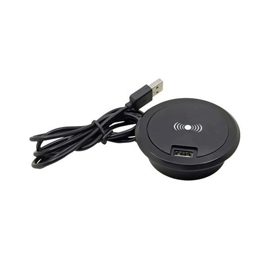 Image of (15W) Qi Wireless Charger Pad Ladestation Embedded System für Tischeinbau inkl. USB Anschluss - Schwarz bei Apfelkiste.ch