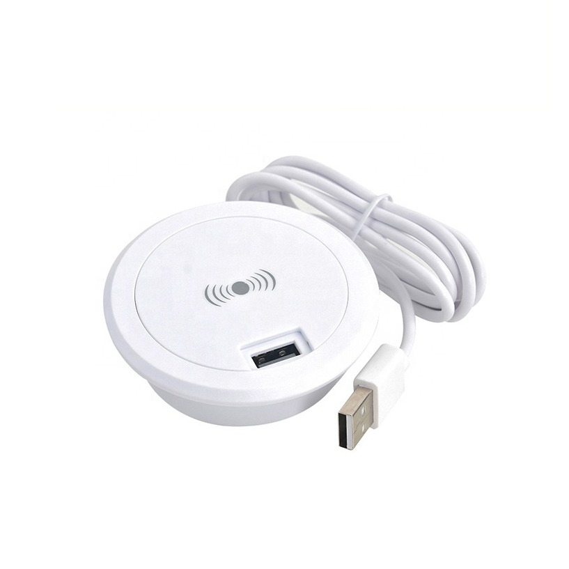 Image of (15W) Qi Wireless Charger Pad Ladestation Embedded System für Tischeinbau inkl. USB Anschluss - Weiss bei Apfelkiste.ch