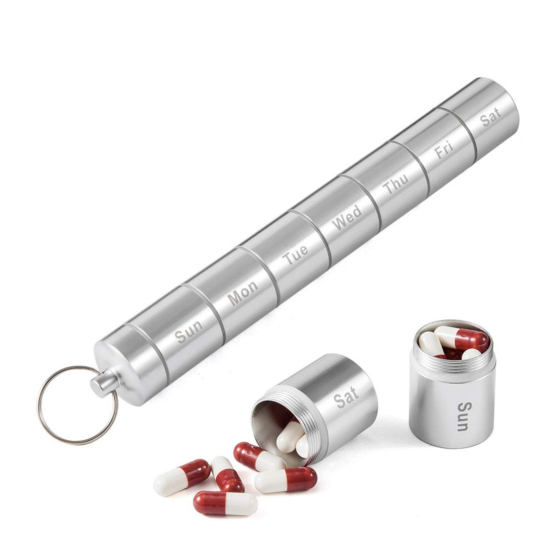 Image of (180x25mm) Metall Medikamenten Dosierer 7 Tage Dosett Tablettenbox Pillendose Schlüsselanhänger - Silber bei Apfelkiste.ch