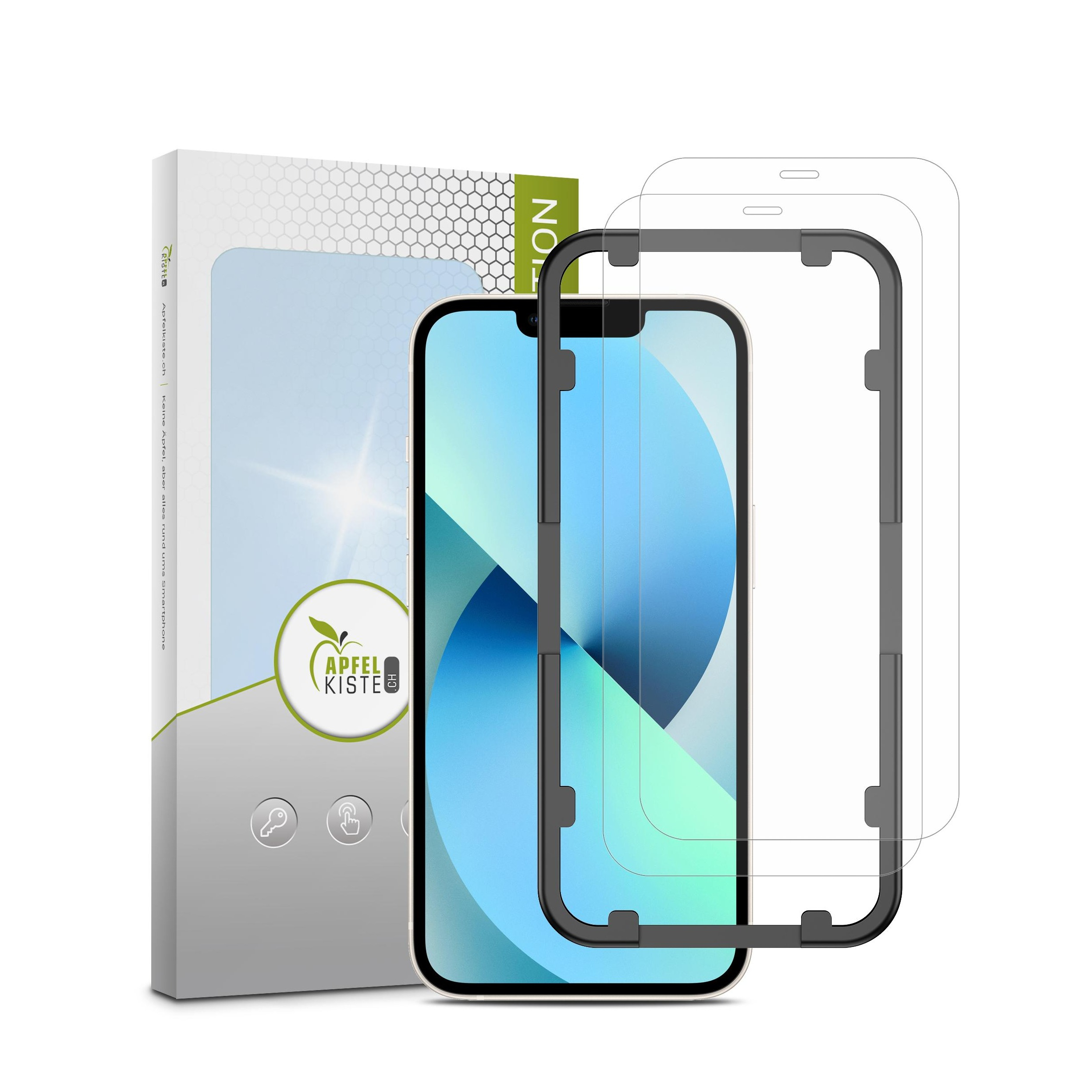 Image of Apfelkiste © - (2er Set) iPhone 13 Mini Panzer Glas Display + Montagerahmen Case Friendly 0.3mm bei Apfelkiste.ch