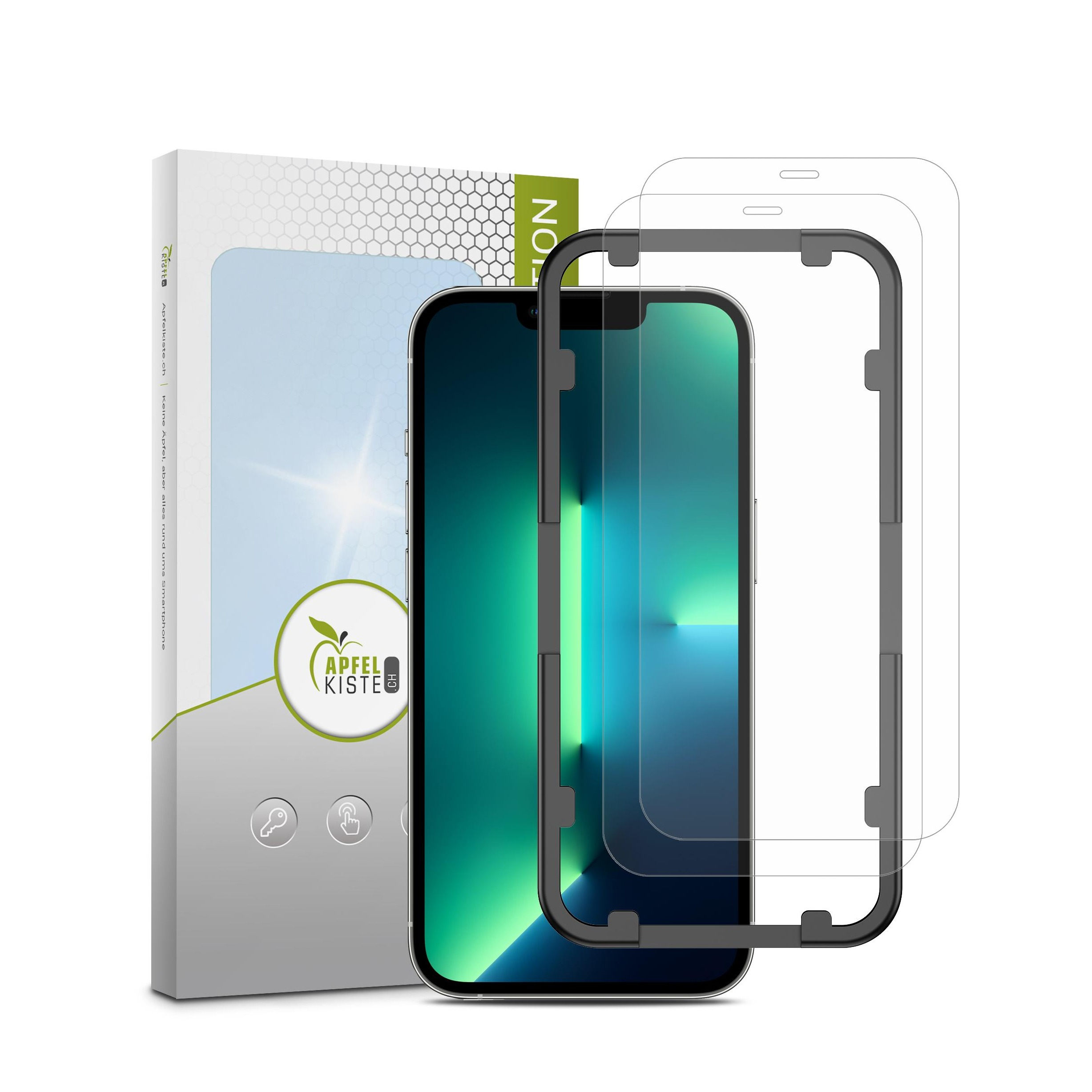 Image of Apfelkiste © - (2er Set) iPhone 13 Pro Max Panzer Glas Display + Montagerahmen Case Friendly 0.3mm bei Apfelkiste.ch