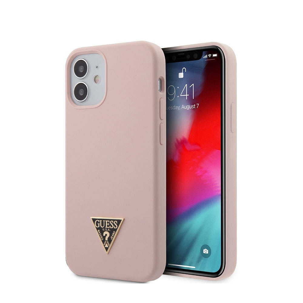 Image of Guess - iPhone 12 Mini Silikon Hardcase Hülle Triangles (GUHCP12SLSTMLP) - Rosa / Gold bei Apfelkiste.ch