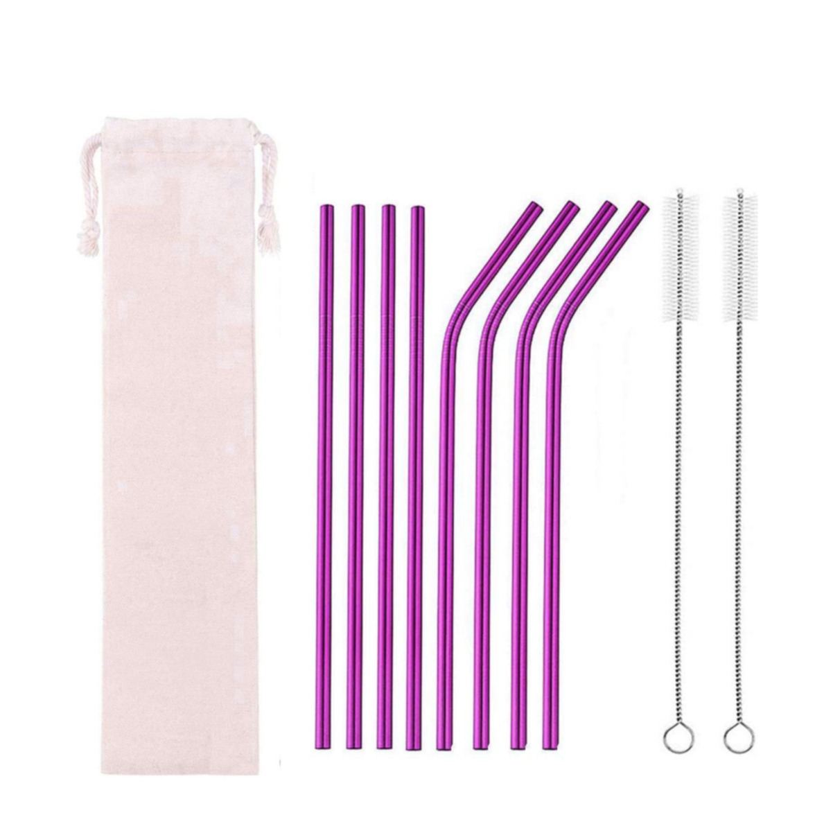 Image of (10-tlg. Set) 21.5cm Edelstahl Strohhalm Wiederverwendbarer Trinkhalm inkl. Reinigungsbürsten + Tasche - Violett bei Apfelkiste.ch