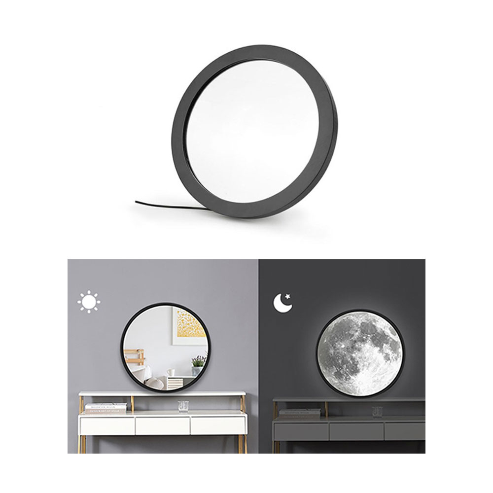 Image of (Ø20cm) 2in1 Holz Kosmetik Spiegel / LED Mond Nachtlicht mit USB + Aufsteller - Schwarz bei Apfelkiste.ch