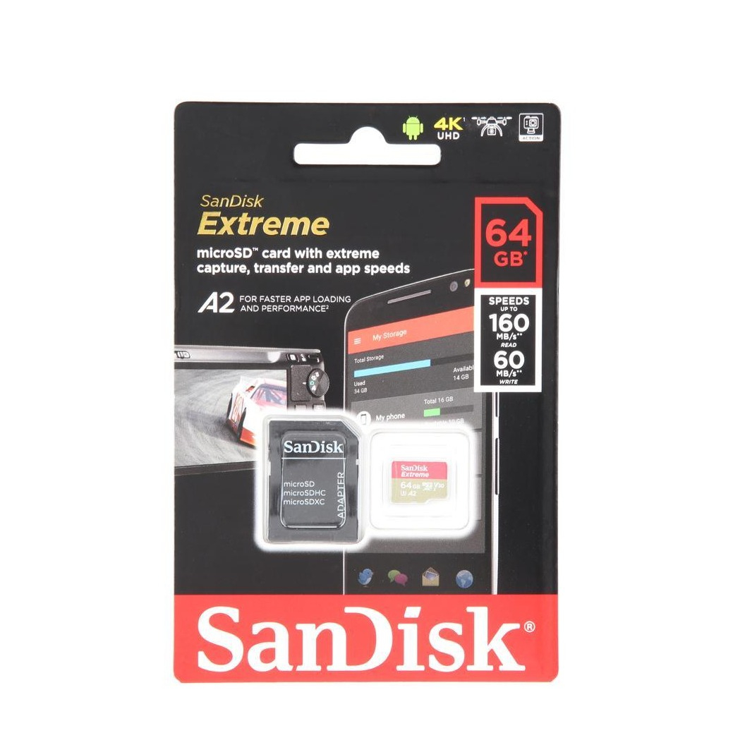 Image of SanDisk - 64GB Extrem Micro SDHC A1 TransFlash Speicherkarte + SD Adapter Class 10 U3 UHS-I V30 160 MBps (SDSQXA2-064G-GN6MA) bei Apfelkiste.ch