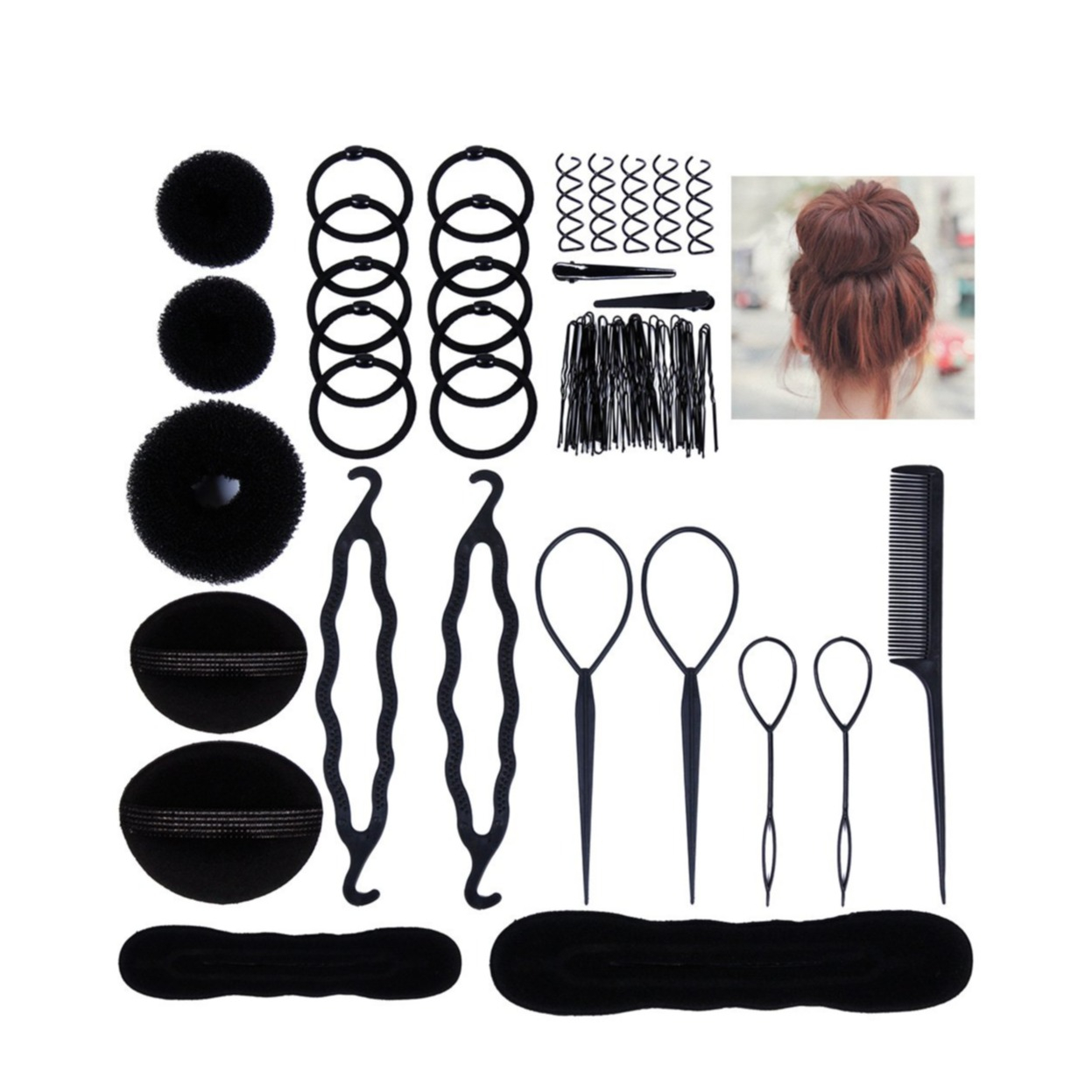 Image of (42-tlg. Set) Frisur Dutt Maker Flecht Hilfe Haargummis / Clips Diverse Styling Hilfsmittel - Schwarz bei Apfelkiste.ch