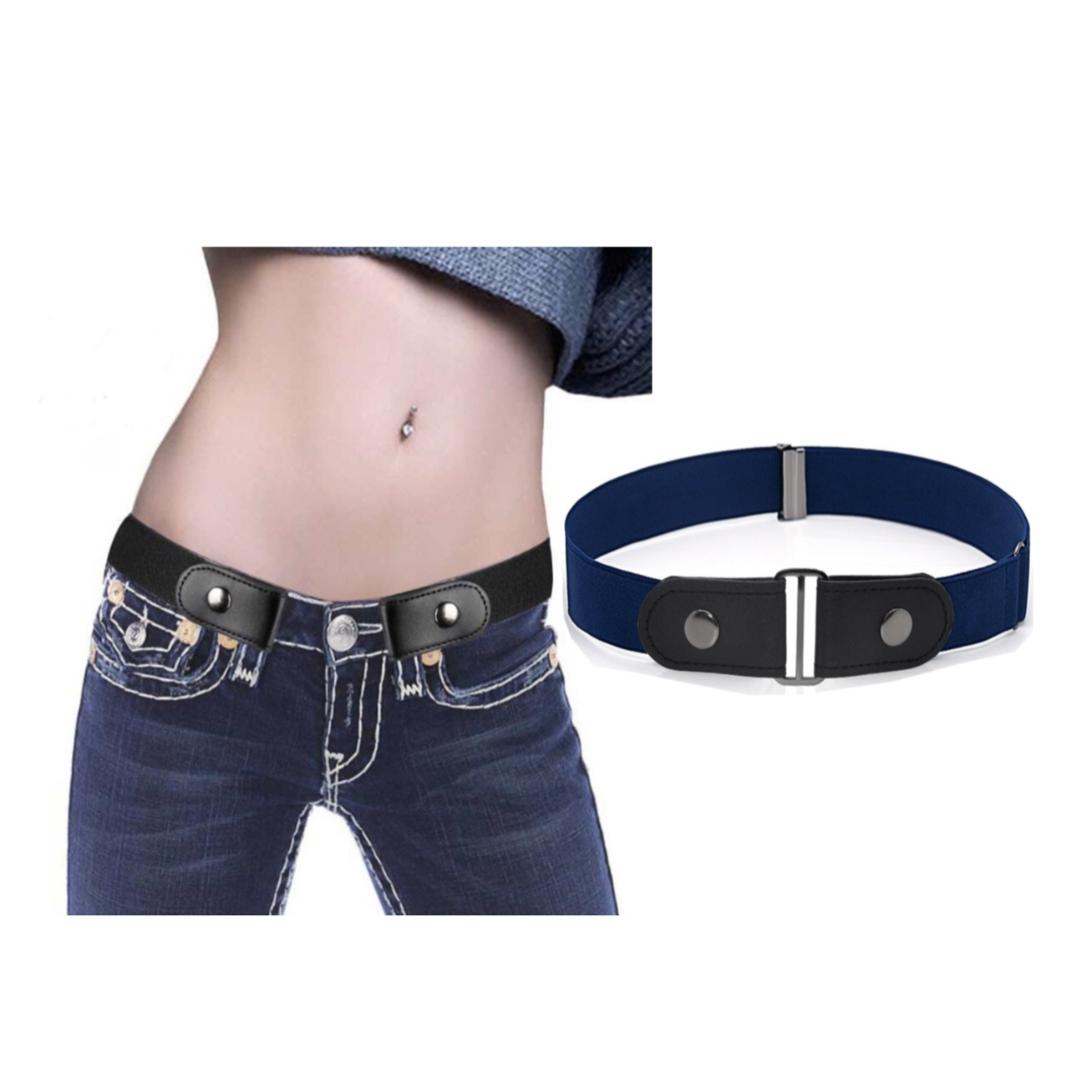 Image of (70-140cm) Elastischer Unsichtbarer Stretch Gürtel Ohne Schnalle Verstellbar mit Druckknopf - Dunkelblau bei Apfelkiste.ch