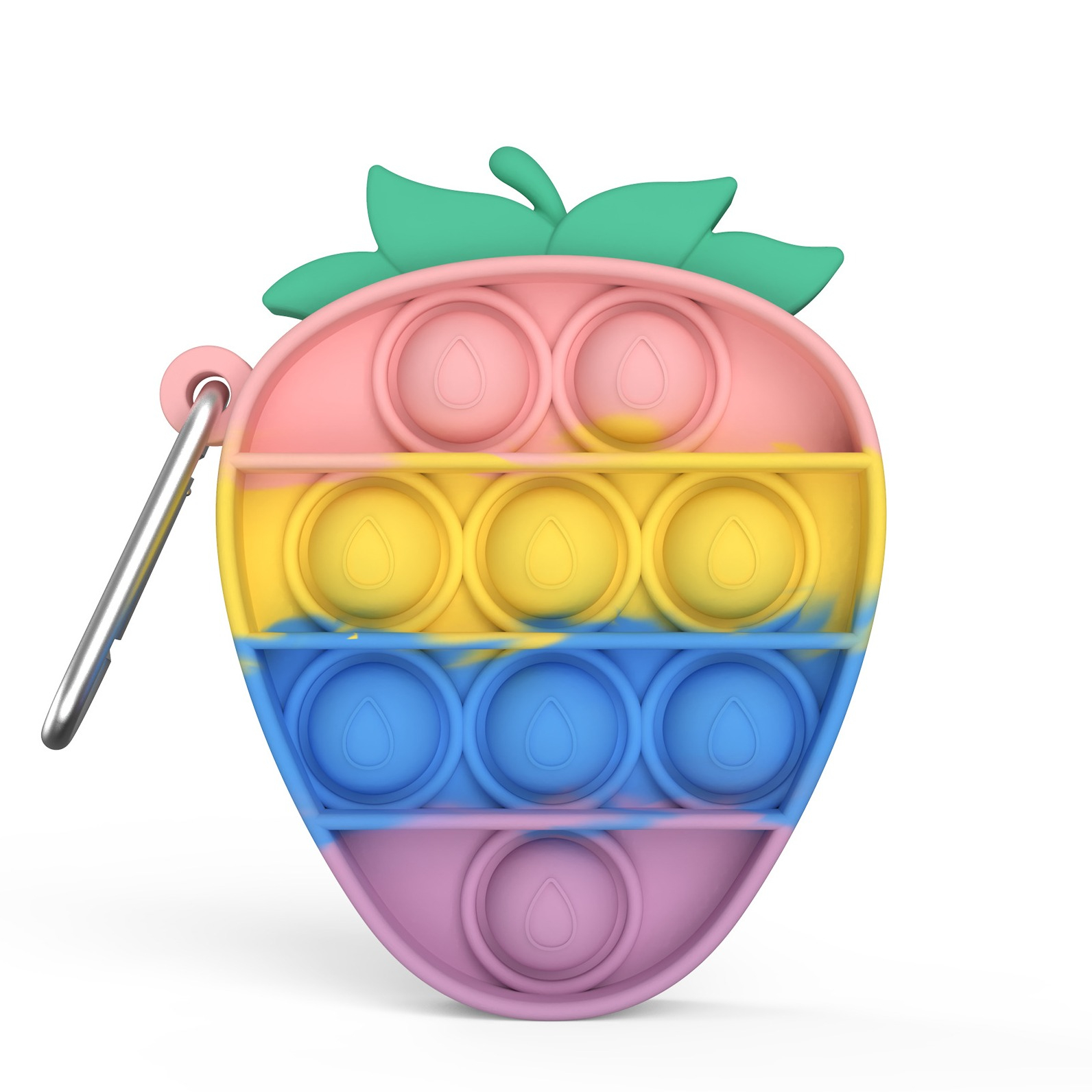 Image of (98x81mm) Anti Stress Silikon Bubbles Pop It Fidget Spiel mit Karabinerhaken Erdbeere - Rosa / Gelb / Blau / Lila bei Apfelkiste.ch