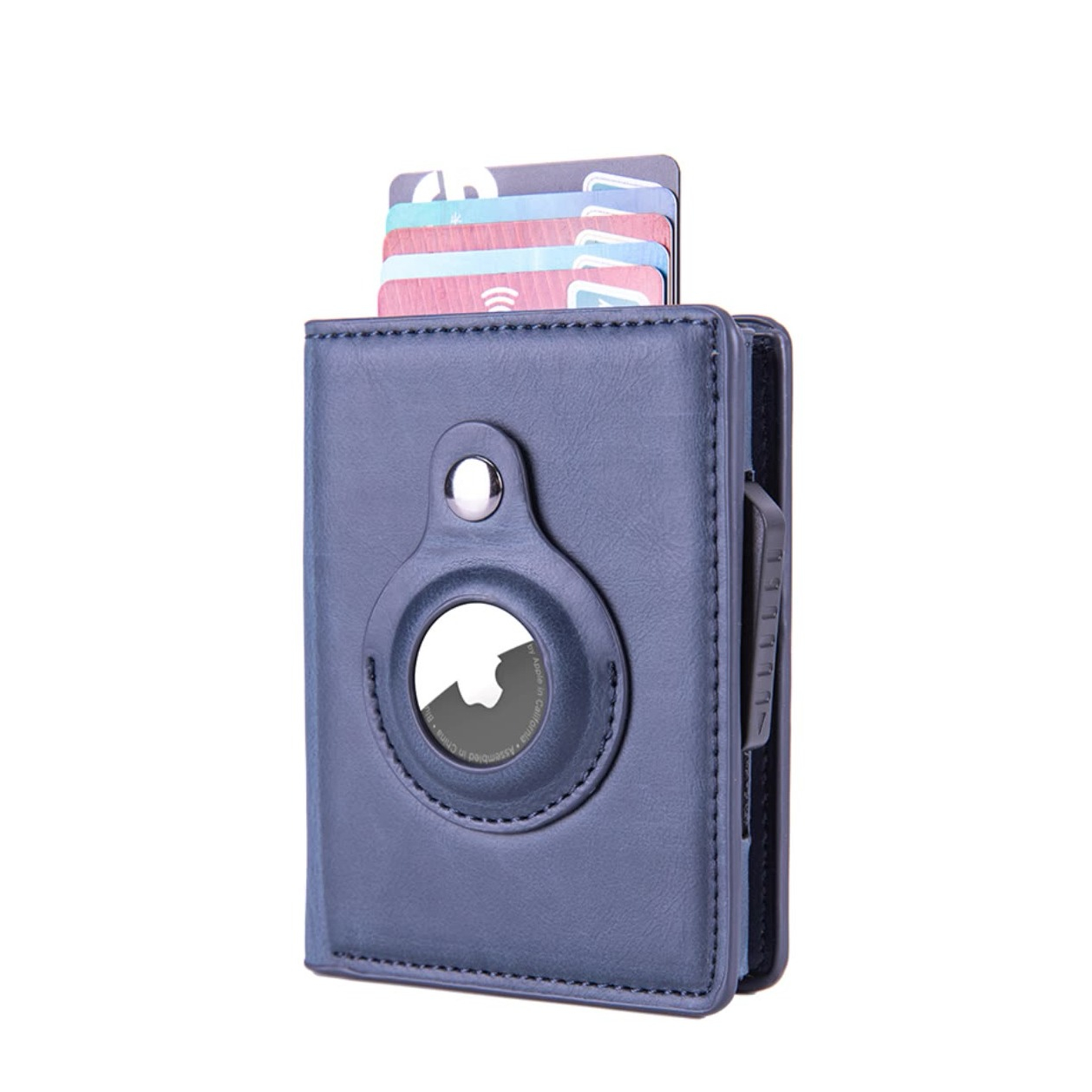 Image of (10.6x8.2x2.6cm) Apple AirTag Wallet Mini Kreditkarten Leder Etui Geldbörse mit Kartenauswurf-Mechanismus für 10 Karten - Dunkelblau bei Apfelkiste.ch
