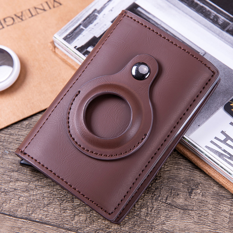 Image of (10.1x6.7x2.3cm) Apple AirTag Wallet Mini Kreditkarten Leder Etui Geldbörse mit Kartenauswurf-Mechanismus für 10 Karten - Dunkelbraun bei Apfelkiste.ch