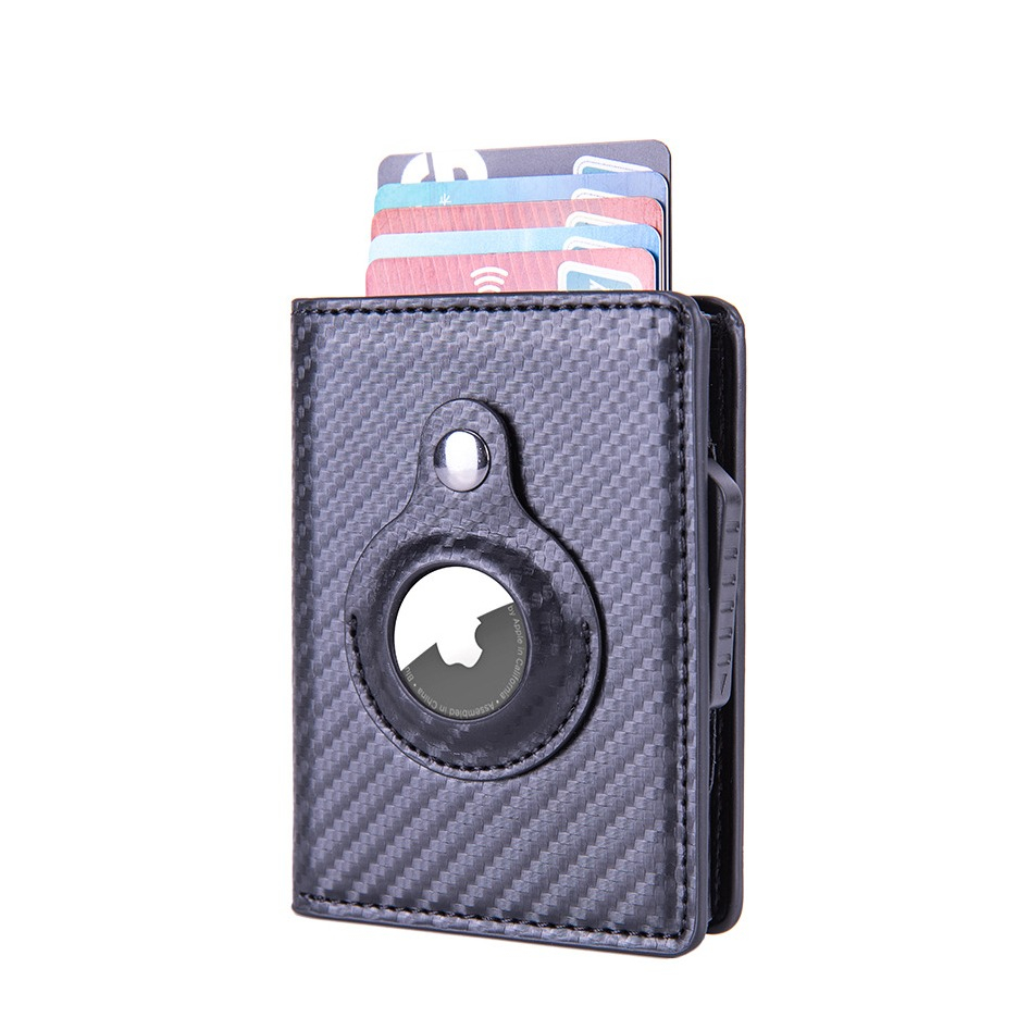 Image of (10.6x8.2x2.6cm) Apple AirTag Wallet Mini Kreditkarten Leder Etui Geldbörse mit Kartenauswurf-Mechanismus für 10 Karten - Schwarz (Carbon) bei Apfelkiste.ch
