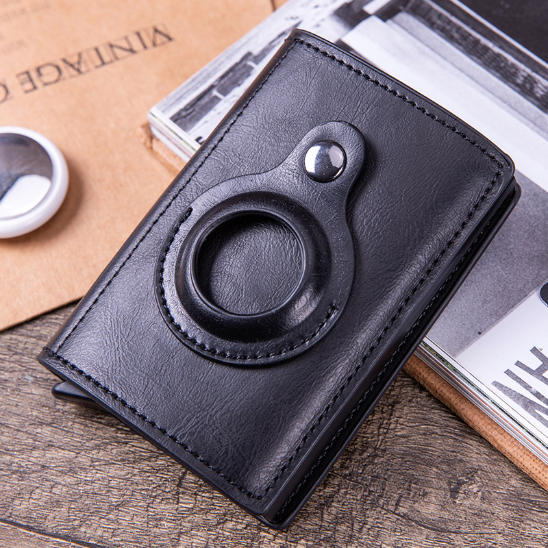 Image of (10.1x6.7x2.3cm) Apple AirTag Wallet Mini Kreditkarten Leder Etui Geldbörse mit Kartenauswurf-Mechanismus für 10 Karten - Schwarz bei Apfelkiste.ch