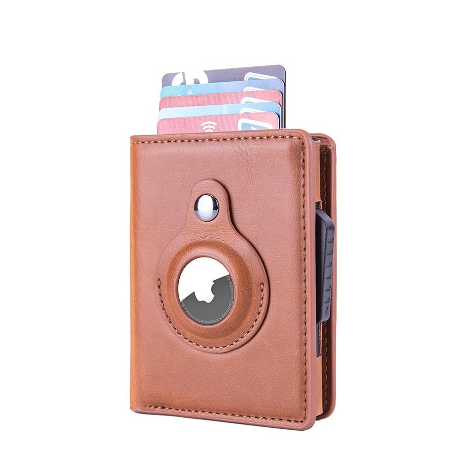 Image of (10.6x8.2x2.6cm) Apple AirTag Wallet Mini Kreditkarten Leder Etui Geldbörse mit Kartenauswurf-Mechanismus für 10 Karten - Braun bei Apfelkiste.ch
