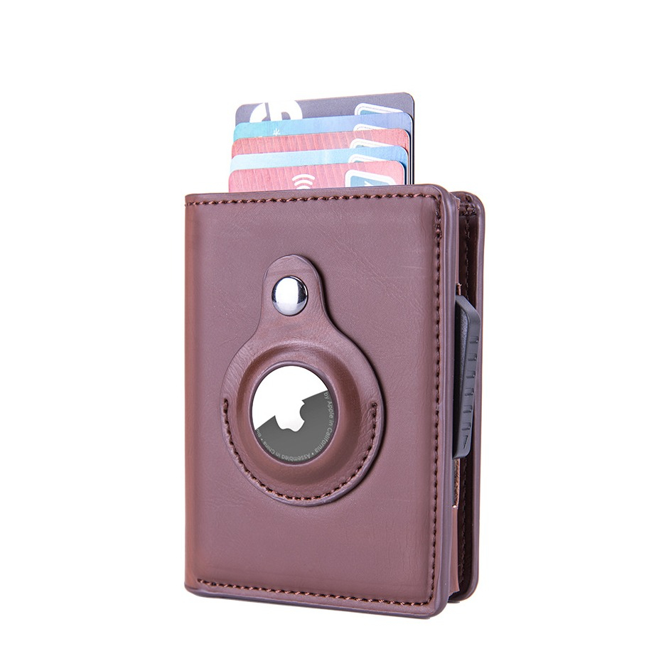 Image of (10.6x8.2x2.6cm) Apple AirTag Wallet Mini Kreditkarten Leder Etui Geldbörse mit Kartenauswurf-Mechanismus für 10 Karten - Dunkelbraun bei Apfelkiste.ch