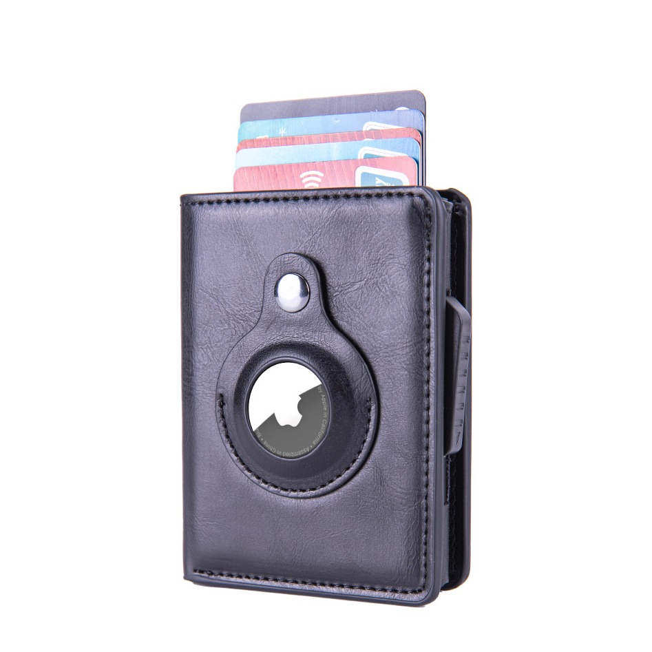 Image of (10.6x8.2x2.6cm) Apple AirTag Wallet Mini Kreditkarten Leder Etui Geldbörse mit Kartenauswurf-Mechanismus für 10 Karten - Schwarz bei Apfelkiste.ch