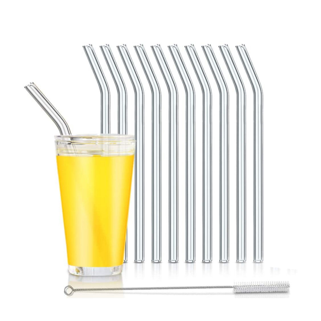 Image of (11-tlg. Set) 20cm Glas Strohhalme Gebogen Wiederverwendbare Trinkhalme inkl. Reinigungsbürsten - Transparent bei Apfelkiste.ch