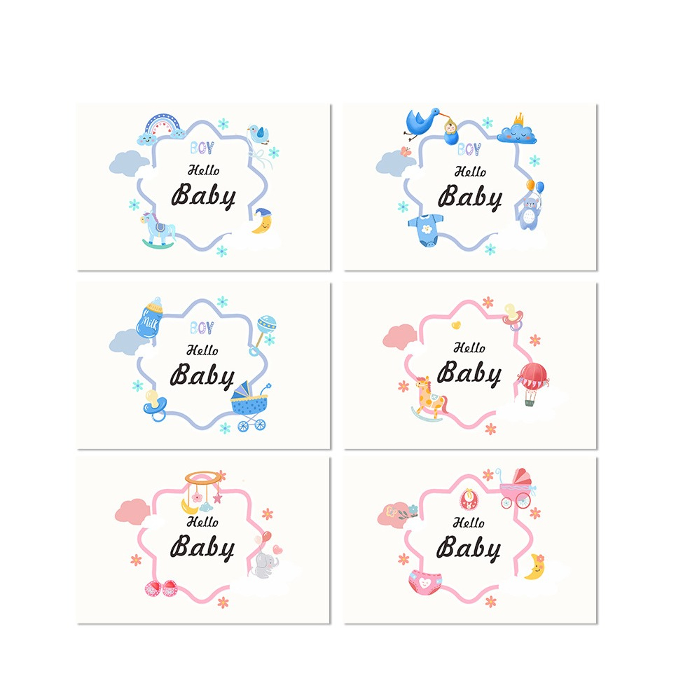 Image of (18-tlg. Set) Glückwunschkarten Hello Baby Doppelkarten mit Sticker + Umschläge - Mobile / Kinderwagen bei Apfelkiste.ch