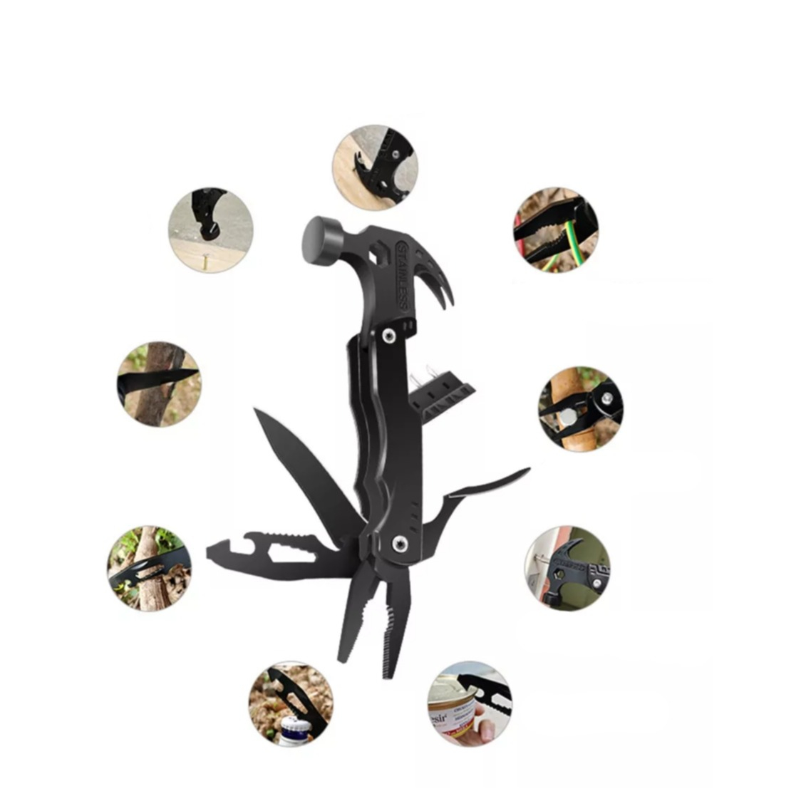 Image of 12in1 Multi-Tool Werkzeug Edelstahl Zange / Dosenöffner / Säge / Messer / Hammer - Schwarz bei Apfelkiste.ch