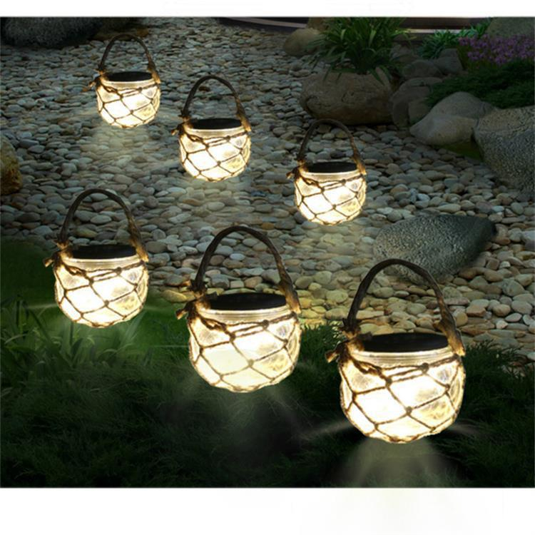 LED (2er Laterne Outdoor Glas Lampe 8x9cm Solar mit Kordeln Sisal Gartenleuchte Set)