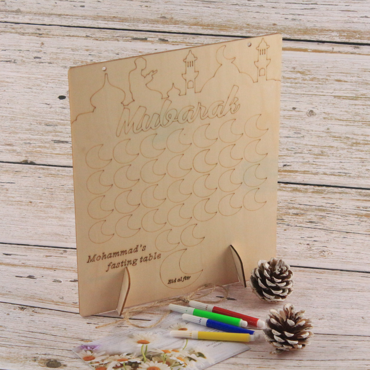 Image of (8-tlg. Set) Echtholz Bastel Kalender do it yourself Deko für Ramadan mit Aufhängeband + Stifte bei Apfelkiste.ch