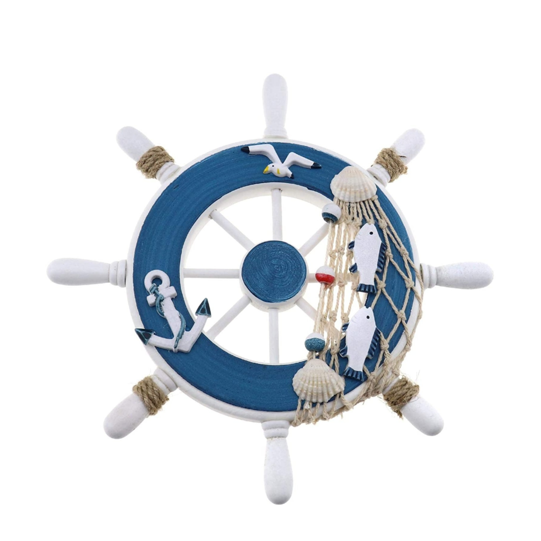 Image of (Ø23cm) Holz Wand Dekoration Maritimes Schiff Steuerrad Accessoire - Blau / Weiss bei Apfelkiste.ch